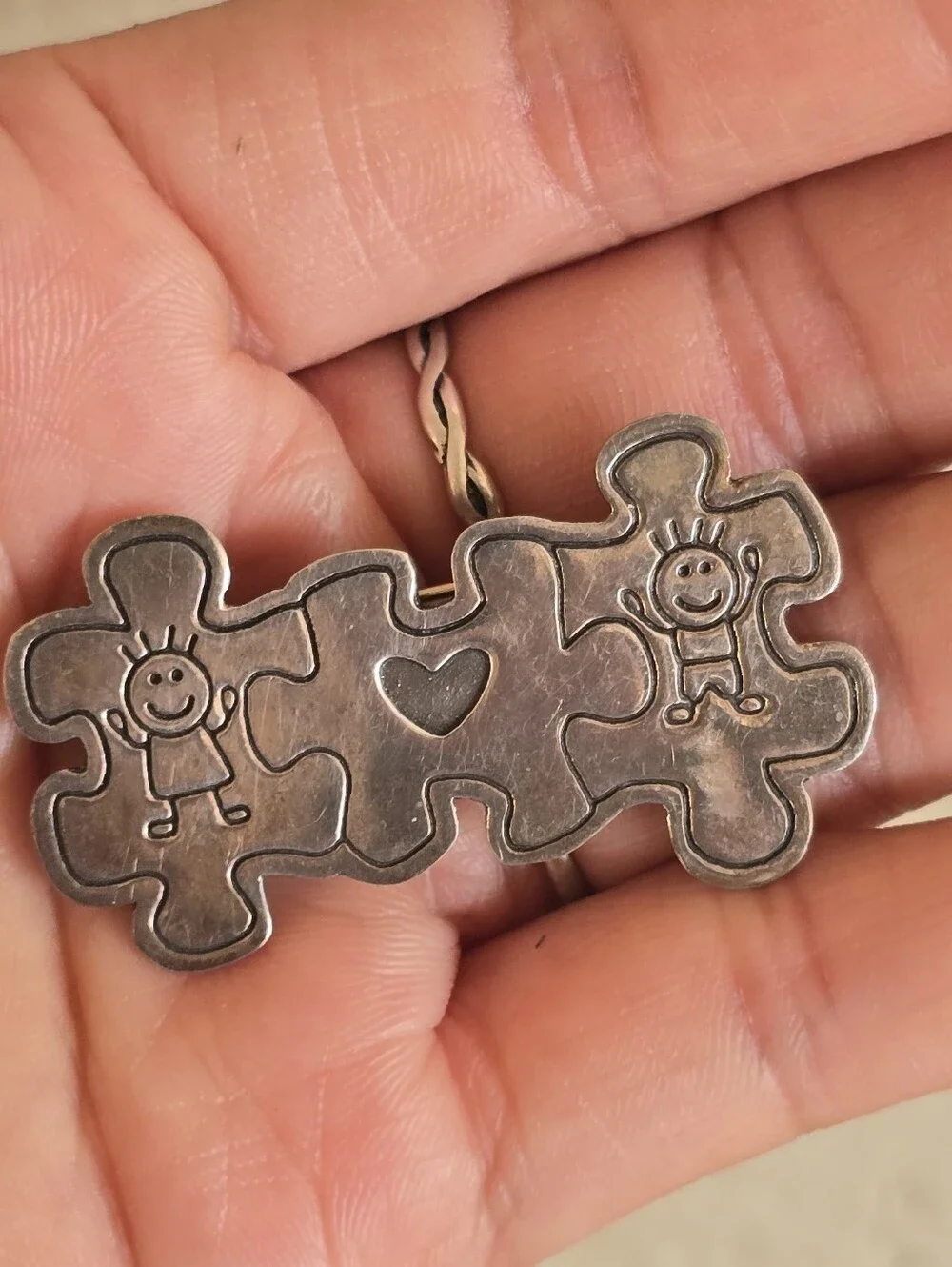 Vintage solid 925 sterling silver Autism awareness children heart puzzle pieces